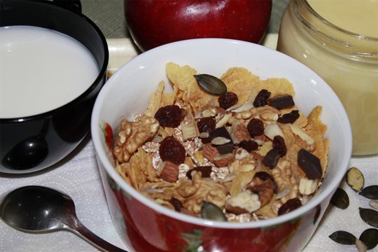 Zdravé raňajky z vločiek, orechov, sušeného ovocia.